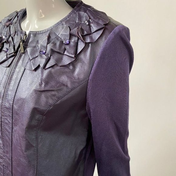 Peter Nygard Zip Jacket Sz MP Purple Leather 92% Nylon Back Style# 3U080788 - Picture 5 of 12
